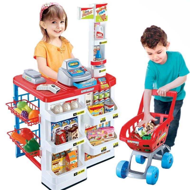 Supermarket checkout toy with scanner, trolley and accessories for kids' pretend shopping role-play