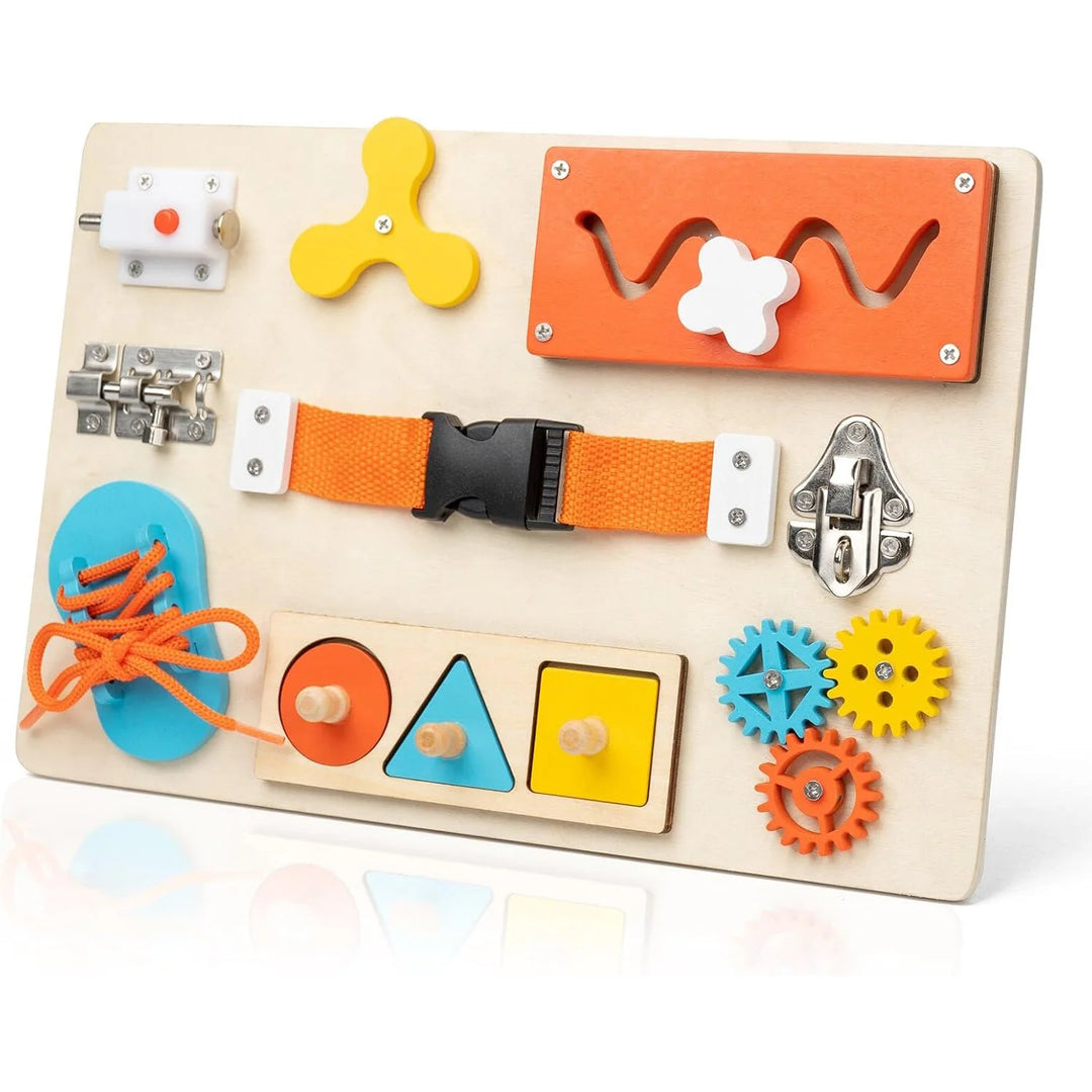9-in-1 Montessori busy board for toddlers with buckles, latches and laces for portable fine motor play