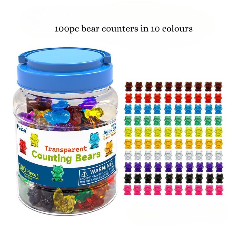 Translucent bear counters 100-piece set in ten colours for kids sorting, counting and light table play