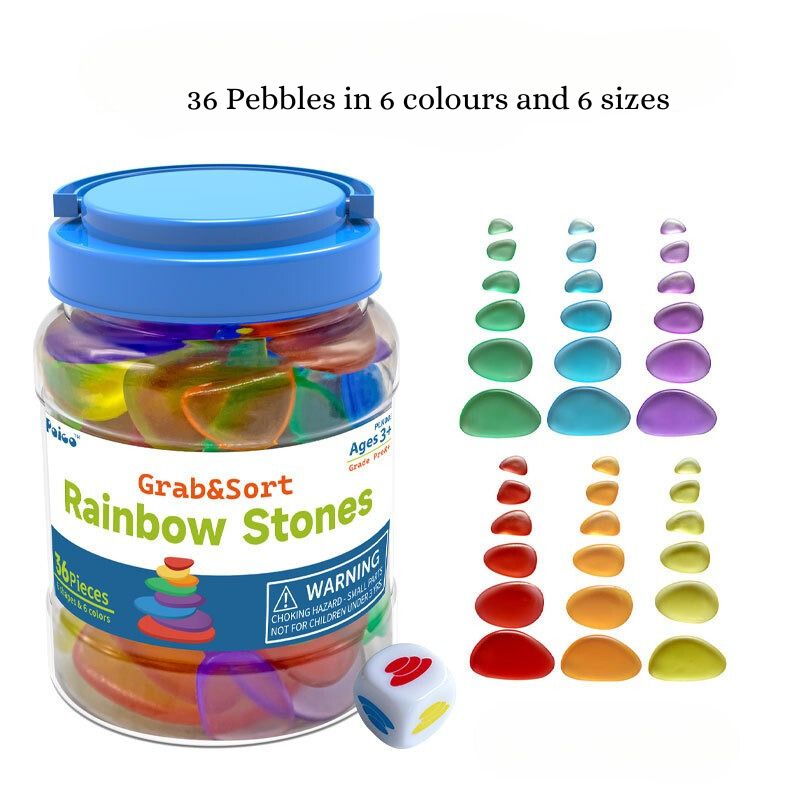 Translucent rainbow stones 36-piece set of smooth coloured pebbles for kids' sensory and sorting play