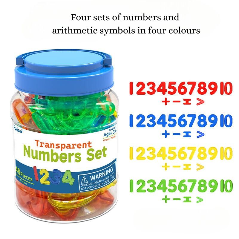 Transparent numbers set with coloured digits and symbols for kids learning maths through light table play