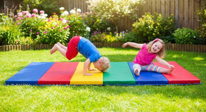 Tri-fold kids gymnastic and play mat in bright colour blocks for tumbling, balance and active indoor play