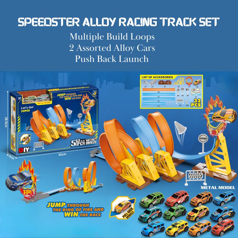 Ultimate Speedster alloy racing track set with loops and ring of fire for kids racing toy cars