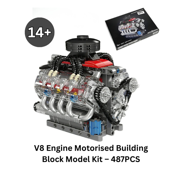 487-piece motorised V8 engine building block model kit with moving pistons for STEM engineering play