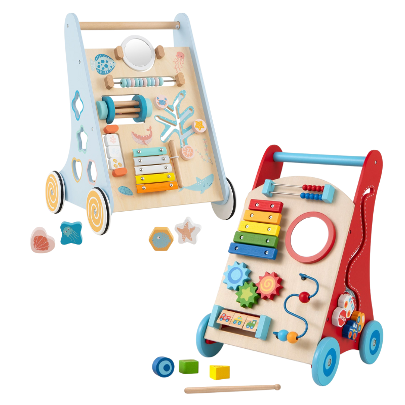Wooden baby walker and activity pusher with shape sorter and gears to support first steps and balance
