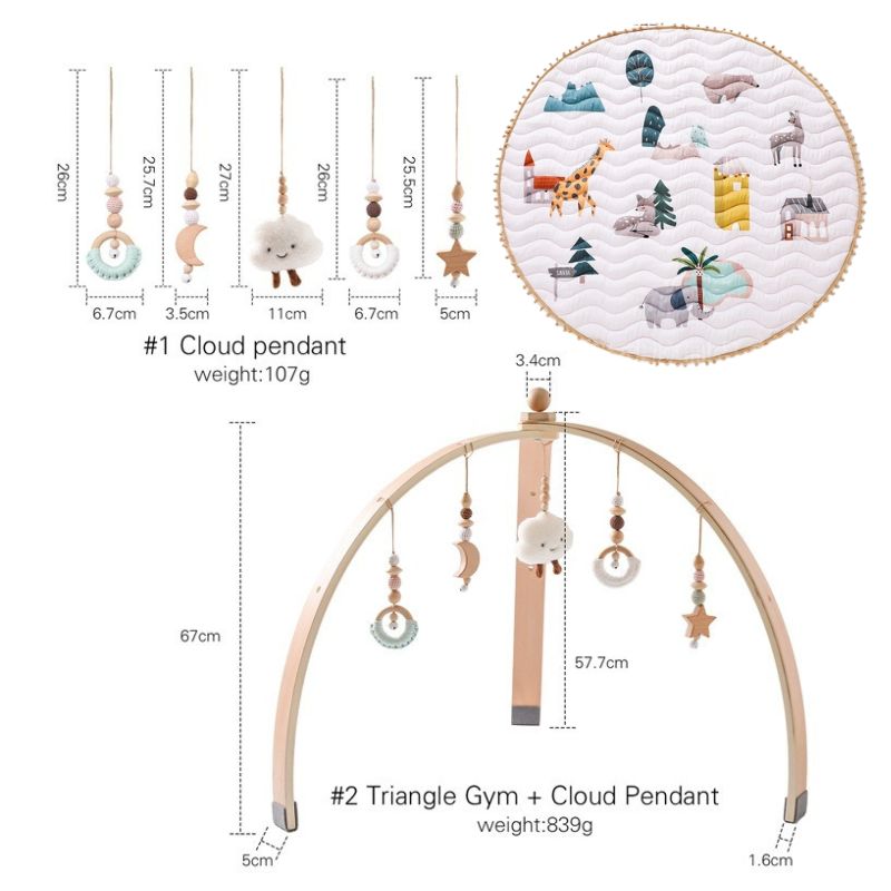 Wooden baby fitness gym frame with hanging toys to encourage reaching, grasping and early sensory play