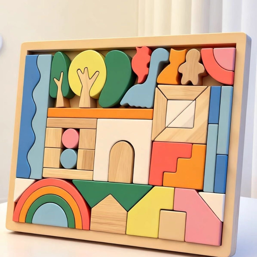 46-piece wooden creative building blocks set in pastel colours for open-ended stacking and imaginative play