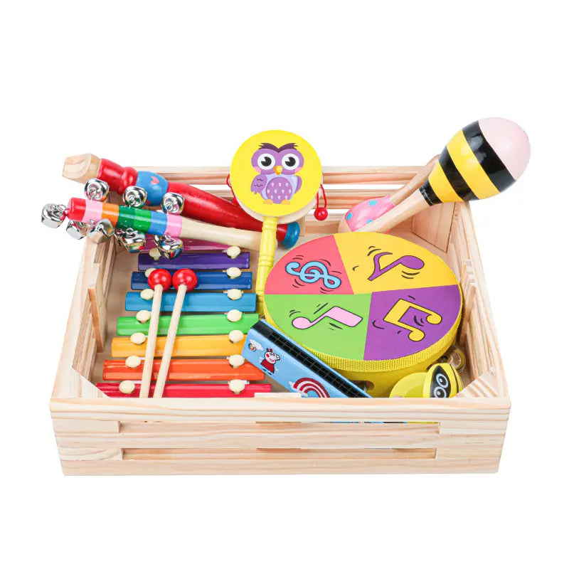 Wooden Montessori musical instrument set in a crate with percussion toys for toddlers exploring rhythm and sound
