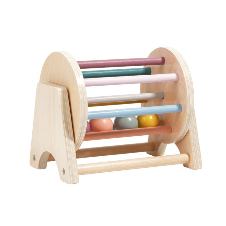 Wooden Montessori rolling ball drum with pastel rods and balls for babies building motor skills and focus