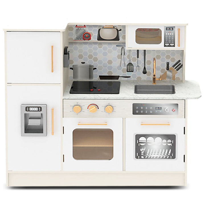 Wooden play kitchen set with oven, dishwasher and sound effects for kids&