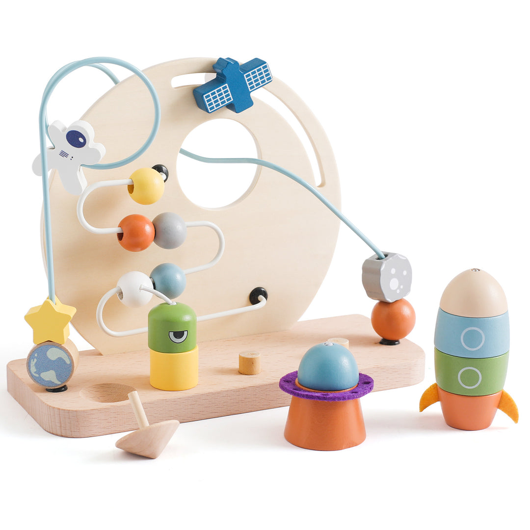 Wooden space bead maze toy with looping wire tracks for toddlers developing focus and fine motor control