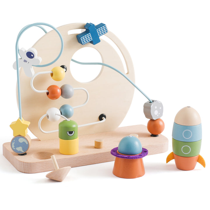 Wooden space bead maze toy with looping wire tracks for toddlers developing focus and fine motor control