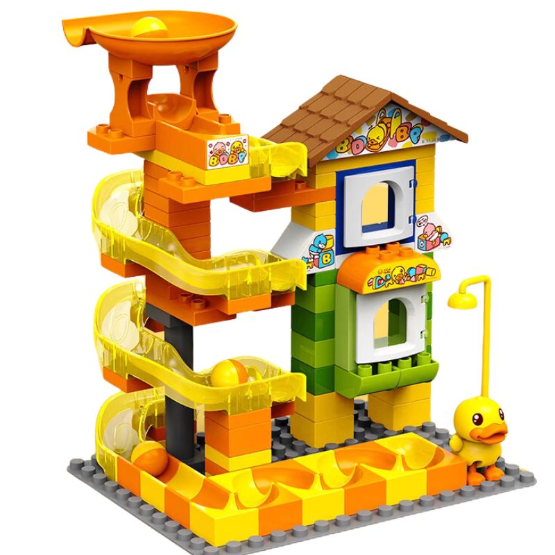 Yellow duck rolling ball track building set with large pieces for toddlers building spiral ball runs