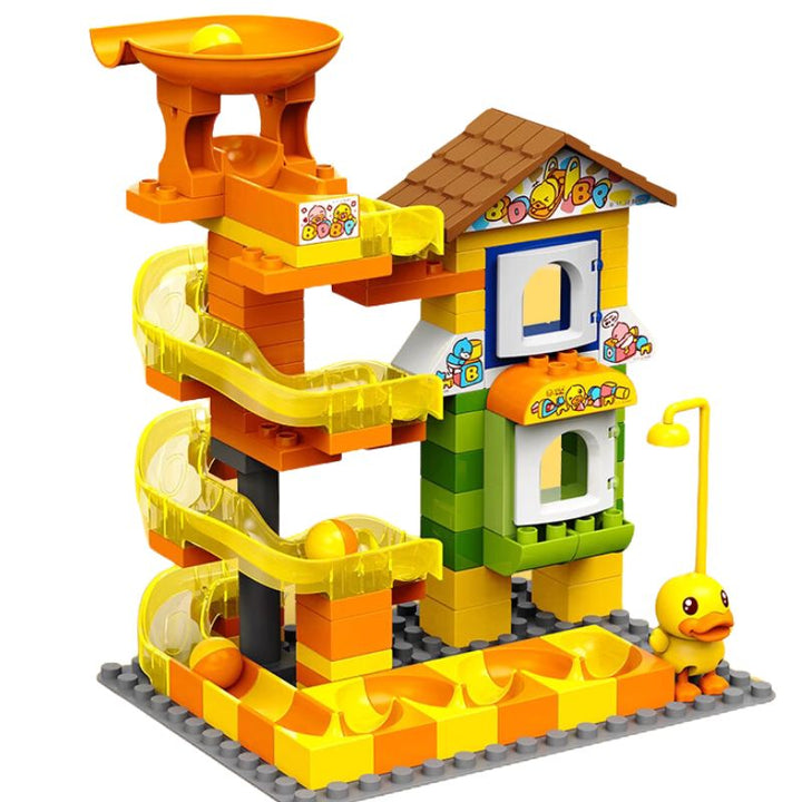 Yellow duck rolling ball track building set with large pieces for toddlers building spiral ball runs