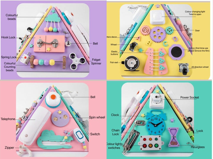 Montessori Toddler Busy Board Pyramid 4 Panels Triangle Cube Activity Board