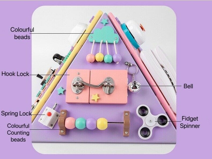 Montessori Toddler Busy Board Pyramid 4 Panels Triangle Cube Activity Board