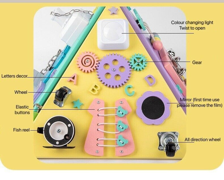 Montessori Toddler Busy Board Pyramid 4 Panels Triangle Cube Activity Board