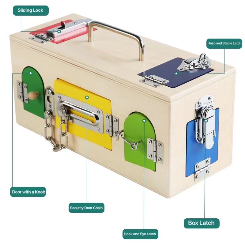 Montessori Wooden Latch and Lock Treasure Box 10 Open Doors Toy