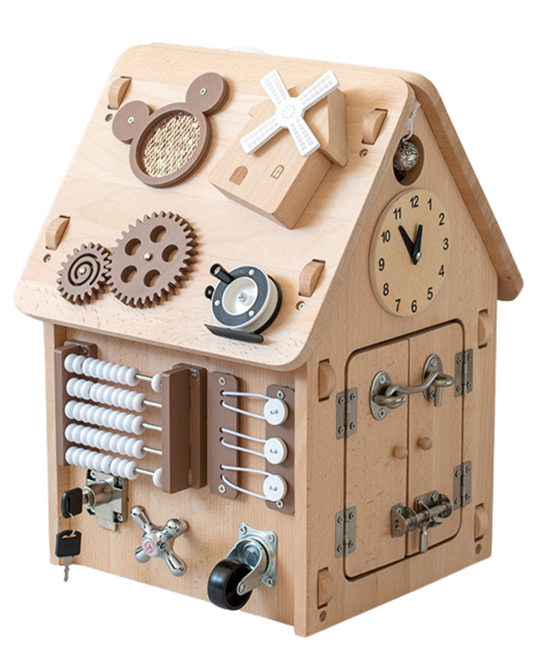 Beech wood busy board house in neutral tones with latches, gears and activities for toddler fine motor play