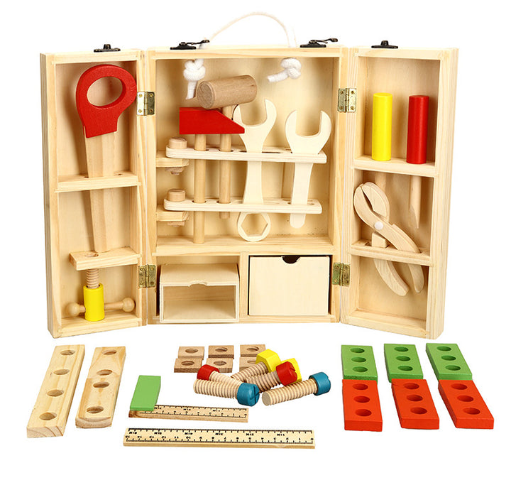 Wooden tool box play set for kids with toy hammer, screwdriver and parts for pretend building play